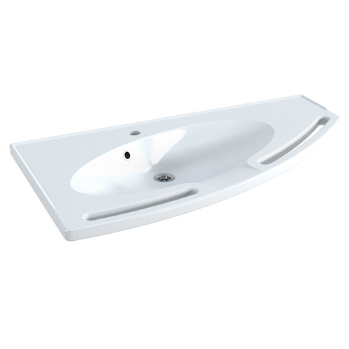 Angled vanity sink with integrated grab handles