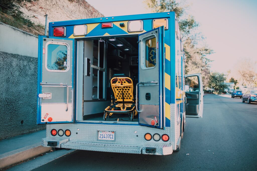 Ambulance cabin with open doors